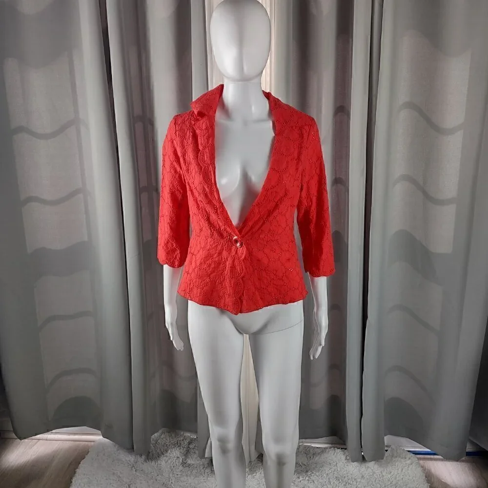 Leslie Stuart Women's 100% Cotton Coral Eyelet Floral Cotton Scallop Jacket Sz 6 - Picture 1 of 12